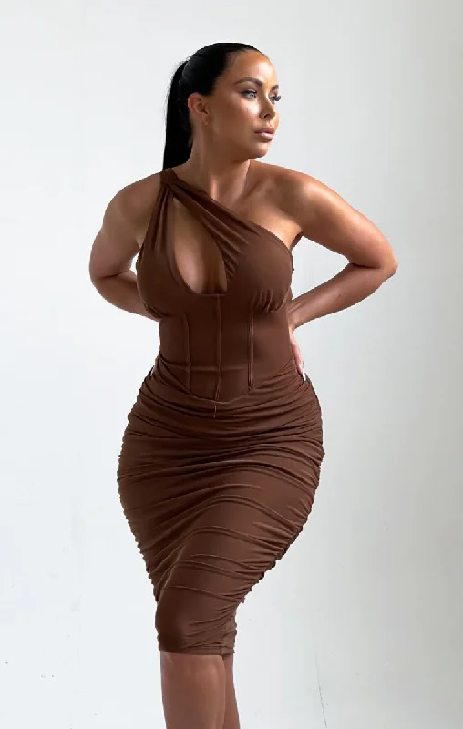 High - low midi dresses with geometric patterns for a modern partyChocolate One Shoulder Cut Out Ruched Midi Dress - Bria High - low midi dresses with geometric patterns for a modern partyChocolate One Shoulder Cut Out Ruched Midi Dress - Bria