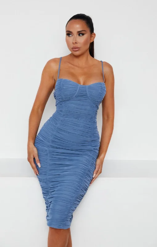 High - low midi dresses with geometric patterns for a modern partyDusky Blue Mesh Ruched Bust Detail Strappy Bodycon Midi Dress - Arielle High - low midi dresses with geometric patterns for a modern partyDusky Blue Mesh Ruched Bust Detail Strappy Bodycon Midi Dress - Arielle