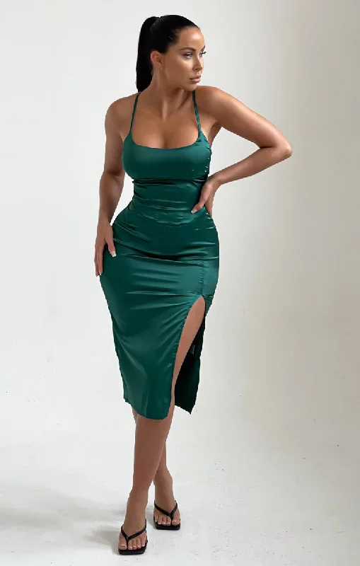 Midi dresses with lace - up fronts for a unique and adjustable styleEmerald Satin Side Split Midi Dress - Daphne Midi dresses with lace - up fronts for a unique and adjustable styleEmerald Satin Side Split Midi Dress - Daphne