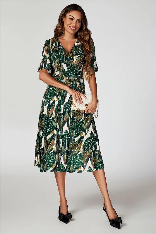 FS Collection Leaf Print Mesh Midi Dress In Green