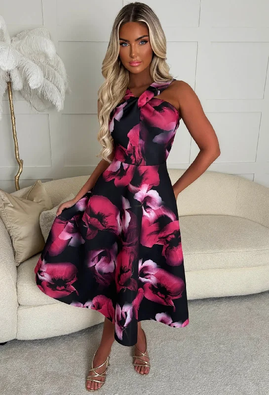 Gorgeous Gal Pink Knot Neck Flower Print Midi Dress