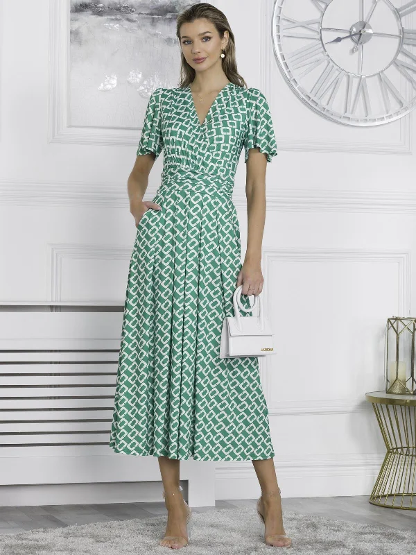 Halley Angel Sleeve Jersey Maxi Dress, Green Geometric