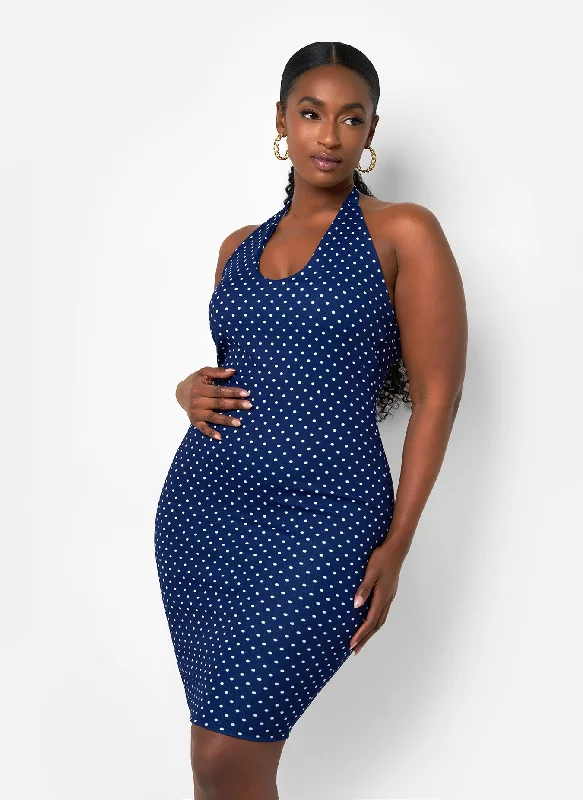 Holly Polka Dot Halter Midi Bodycon Dress - Navy & White