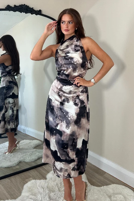 Midi dresses with belted waists to accentuate the figureKaz Cowl Neck Brown Abstract Midi Dress Midi dresses with belted waists to accentuate the figureKaz Cowl Neck Brown Abstract Midi Dress