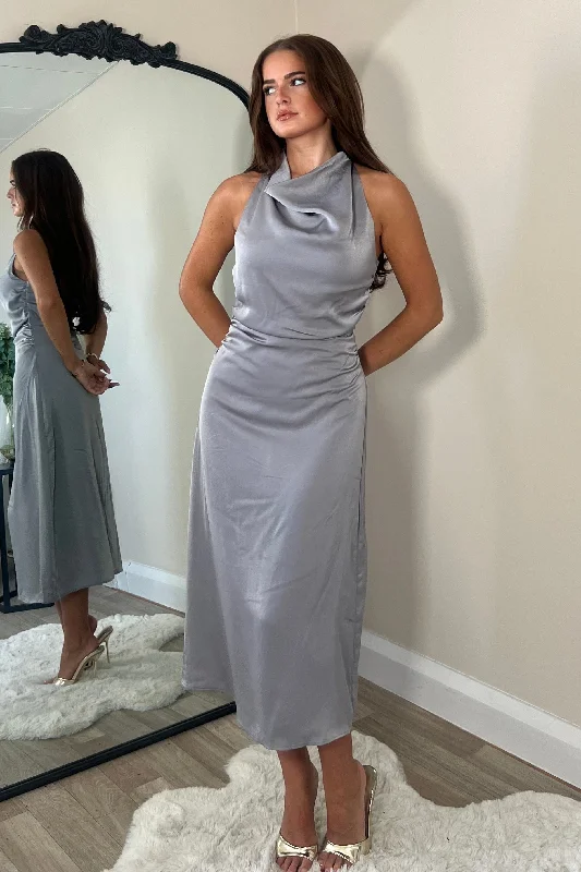 Velvet midi dresses in jewel tones for a glamorous winter eventKaz Cowl Neck Grey Midi Dress Velvet midi dresses in jewel tones for a glamorous winter eventKaz Cowl Neck Grey Midi Dress