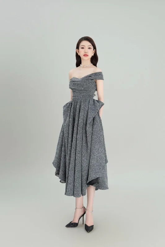 Kirei Gathered Asymmetric Shoulder Burlap Midi Dress