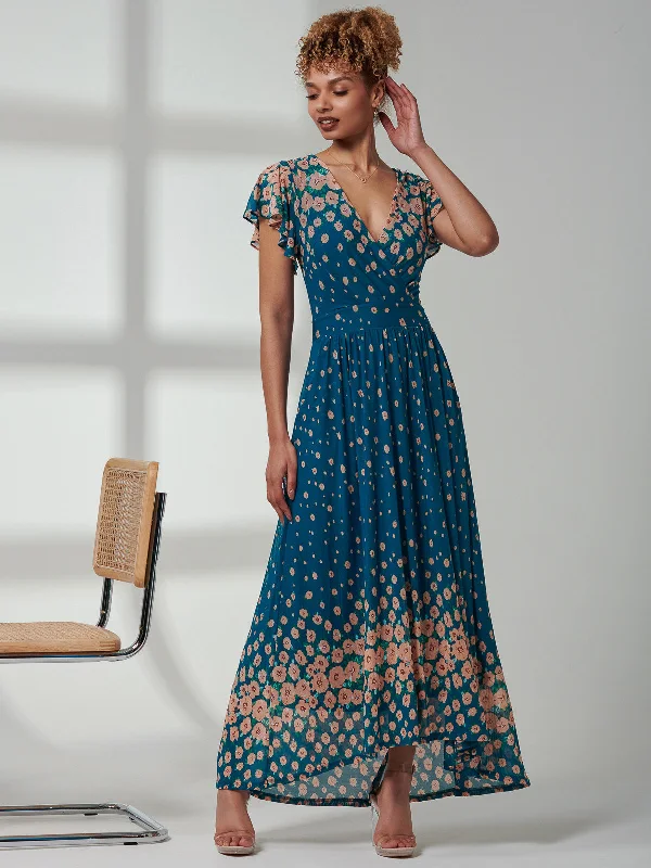 Kora Cap Sleeve Mesh Maxi Dress, Teal Floral