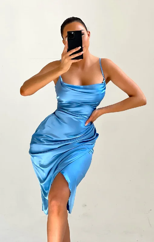A - line midi dresses with floral prints for spring brunchesLight Blue Satin Cowl Neck Asymmetric Split Strappy Bodycon Midi Dress - Cailleigh A - line midi dresses with floral prints for spring brunchesLight Blue Satin Cowl Neck Asymmetric Split Strappy Bodycon Midi Dress - Cailleigh