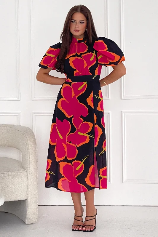 Midi dresses with empire waists for a flattering maternity optionLilith Red Floral High Neck Puff Sleeve Midi Dress Midi dresses with empire waists for a flattering maternity optionLilith Red Floral High Neck Puff Sleeve Midi Dress