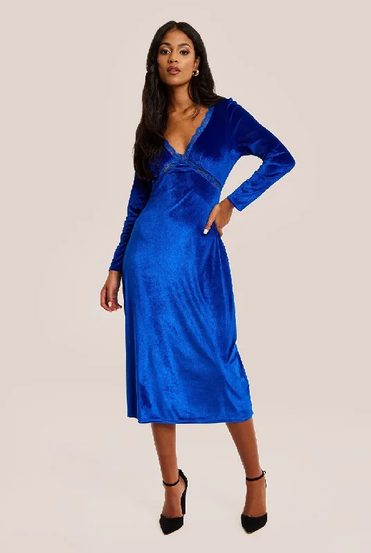 Liquorish Royal Blue Velvet Midi Dress With Lace Details