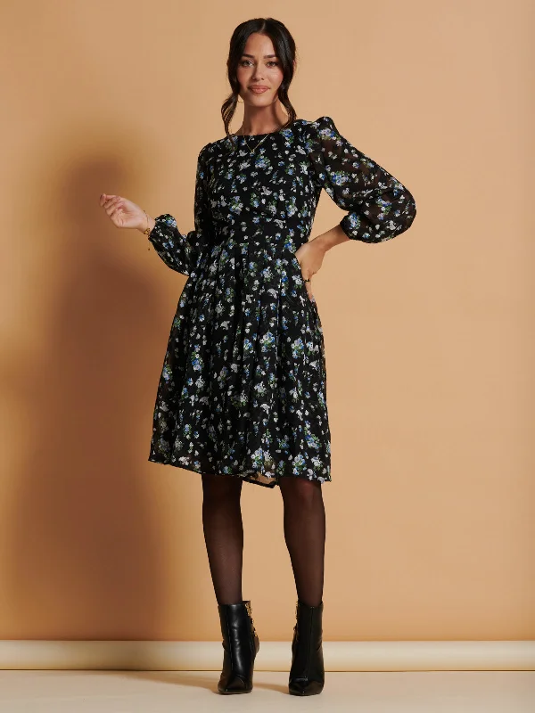 Long Sleeve Chiffon Midi Dress, Black Floral