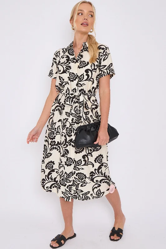 LOVE SUNSHINE Black Floral Print Short Sleeve Midi Shirt Dress