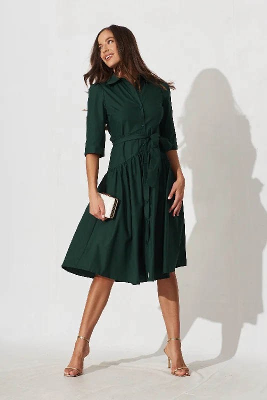 Marie Midi Shirt Dress In Emerald Cotton