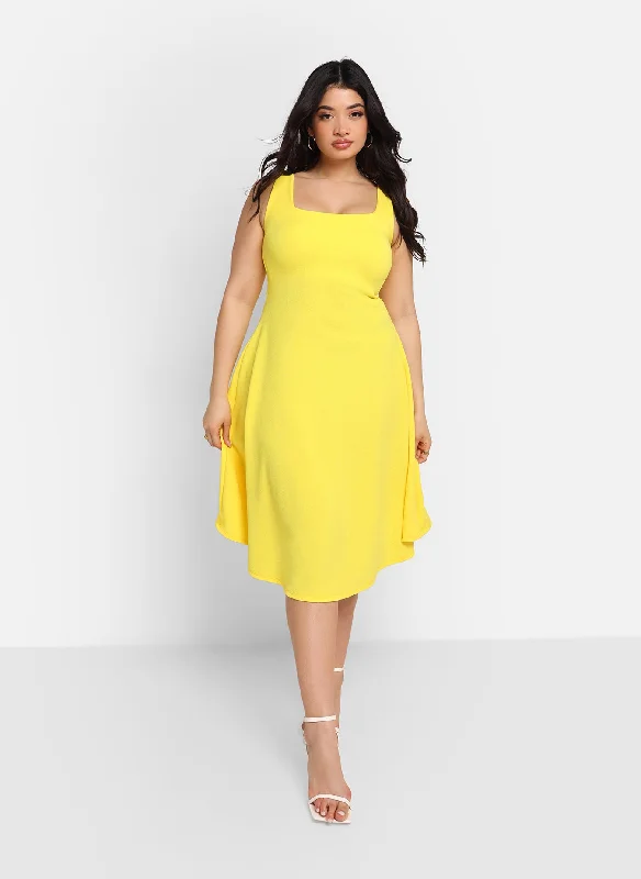 Nathalie Square Neck Midi A Line Dress - Bright Yellow