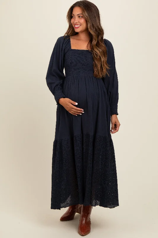 Midi dresses with ruched sleeves for a more fitted and stylish arm lookNavy Blue Smocked Eyelet Lace Hem Maternity Maxi Dress Midi dresses with ruched sleeves for a more fitted and stylish arm lookNavy Blue Smocked Eyelet Lace Hem Maternity Maxi Dress