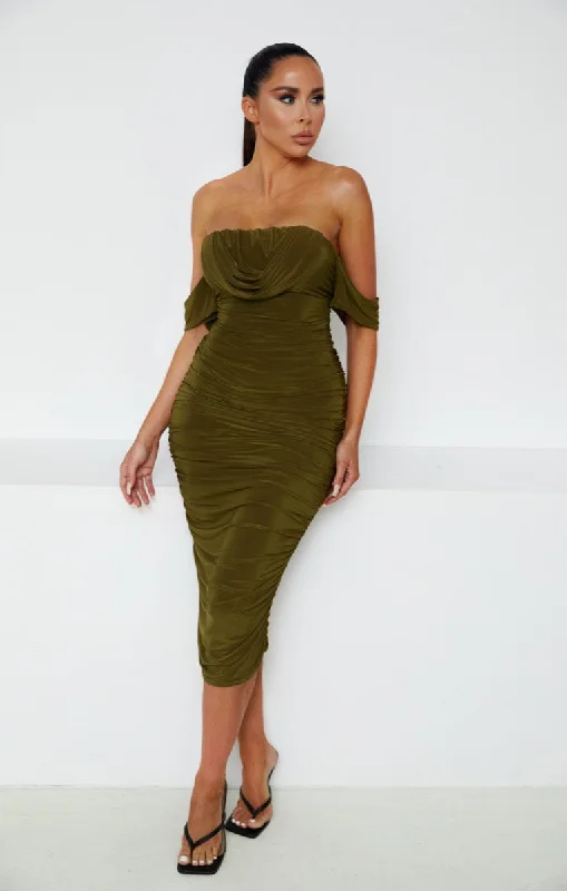 Midi dresses with embroidered accents for a unique and detailed designOlive Green Bardot Cowl Neck Ruched Midi Dress - Malia Midi dresses with embroidered accents for a unique and detailed designOlive Green Bardot Cowl Neck Ruched Midi Dress - Malia