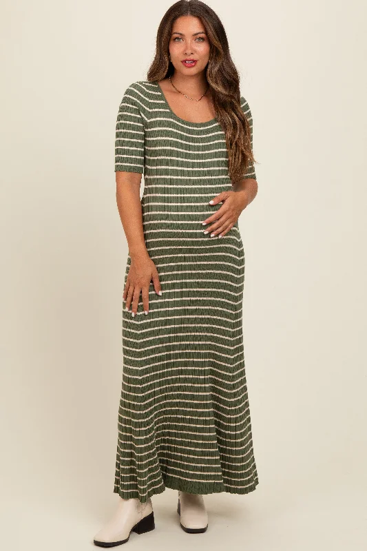 Midi dresses with mesh inserts for a trendy and breathable optionOlive Striped Ribbed Short Sleeve Maternity Maxi Dress Midi dresses with mesh inserts for a trendy and breathable optionOlive Striped Ribbed Short Sleeve Maternity Maxi Dress