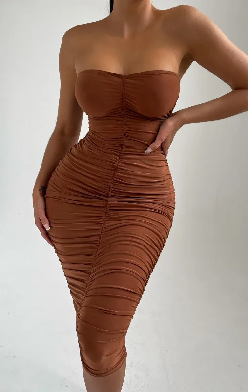 A - line midi dresses with floral prints for spring brunchesPale Chocolate Strapless Ruched Midi Dress - Salma A - line midi dresses with floral prints for spring brunchesPale Chocolate Strapless Ruched Midi Dress - Salma
