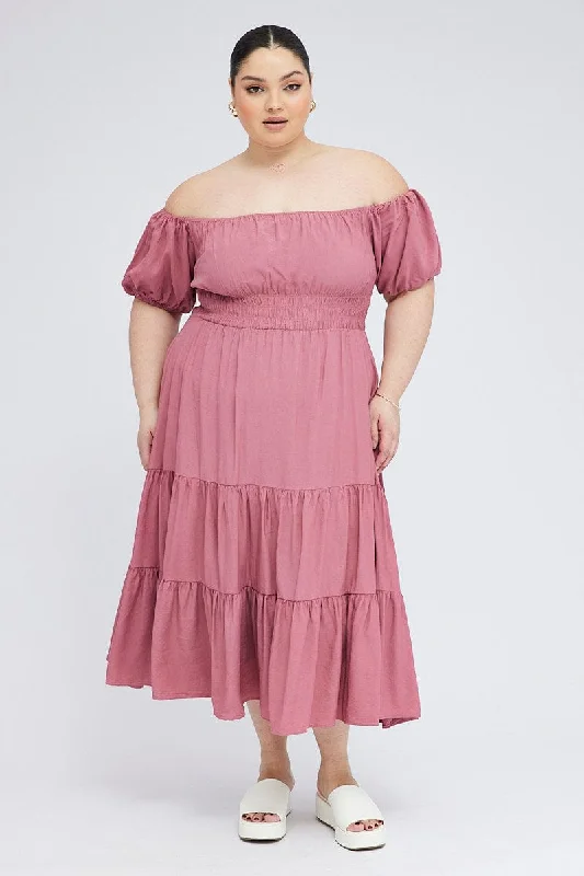 Midi dresses with ruffled sleeves for a more feminine and voluminous lookPink Midi Dress Off Shoulder Elastic Waist Puff Sleeve