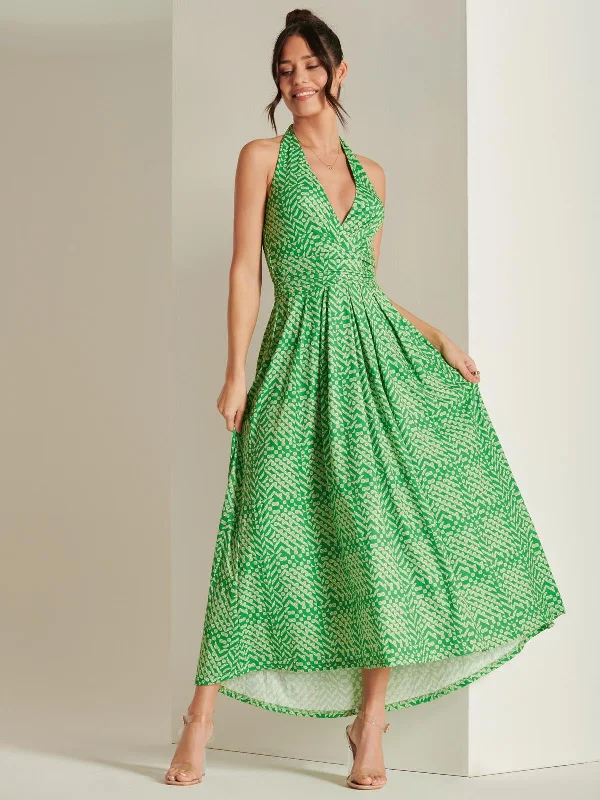 Plunge Neck Shirred Back Maxi Dress, Green Geo