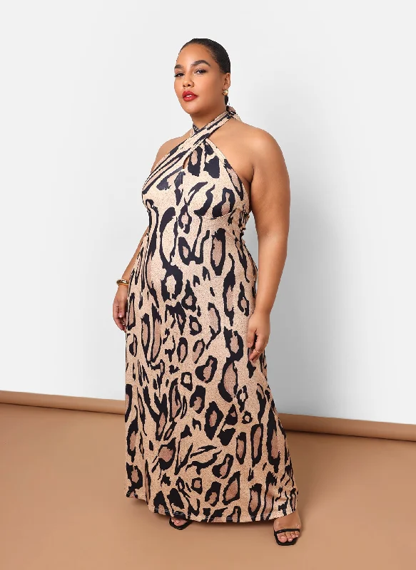 Kenya Leopard Halter Maxi Slip Dress