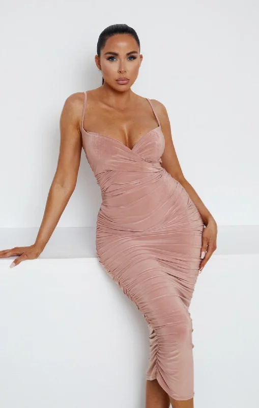 Midi dresses with pom - pom trims for a playful and festive lookRose Slinky Ruched Wrap Strappy Bodycon Midi Dress - Pia Midi dresses with pom - pom trims for a playful and festive lookRose Slinky Ruched Wrap Strappy Bodycon Midi Dress - Pia