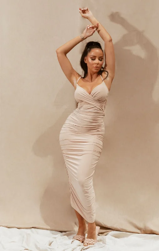 Midi dresses with button - down skirts for a unique and functional designStone Slinky Ruched Wrap Strappy Bodycon Midi Dress - Pia Midi dresses with button - down skirts for a unique and functional designStone Slinky Ruched Wrap Strappy Bodycon Midi Dress - Pia