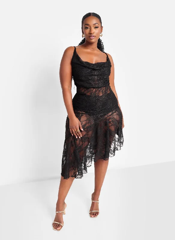 Talia Glitter Lace Ruffle Hem Midi Bodycon Dress