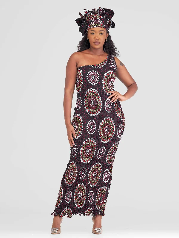 Tayari Fashion House Ricca Ankara Stretch Long Dress - Red Print