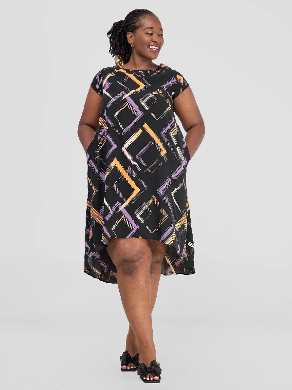 Jema High Low Tent Dress - Black / Purple Print