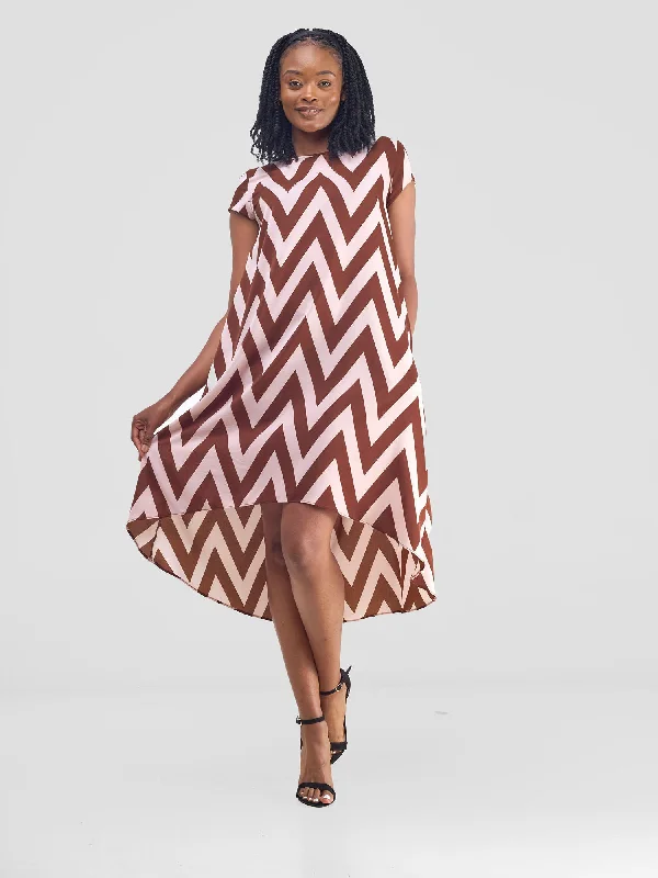 Jema High Low Tent Dress - Brown / Pink Print