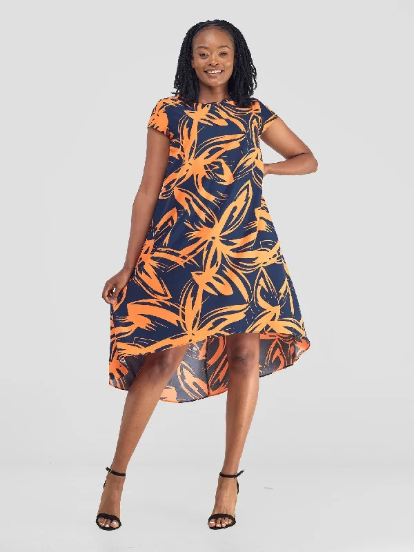 Jema High Low Tent Dress - Navy / Orange Print