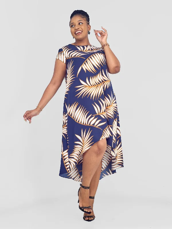 Jema High Low Tent Dress - Navy / White Palm Leaves Print