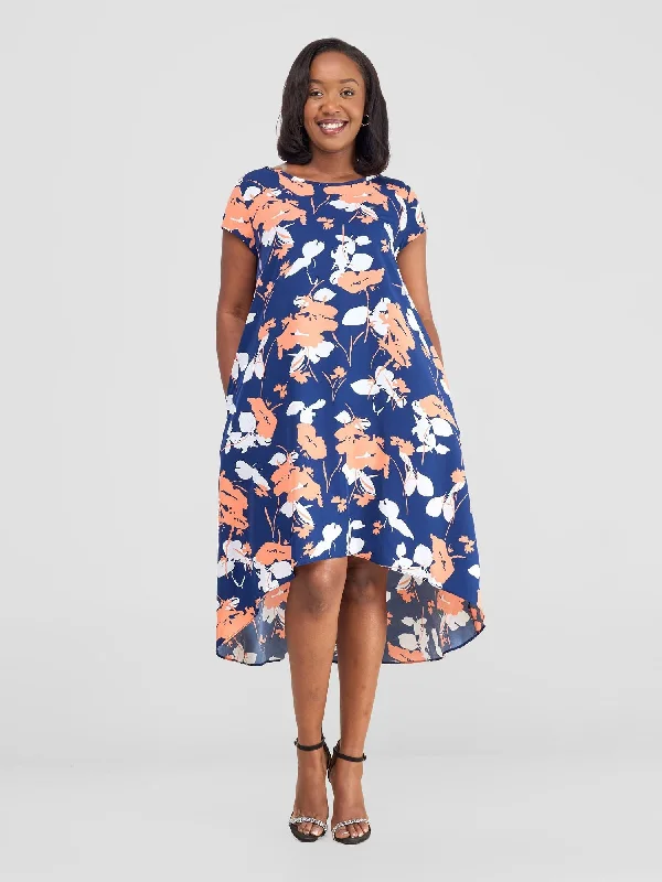 Jema High Low Tent Dress - Navy / White Floral Print