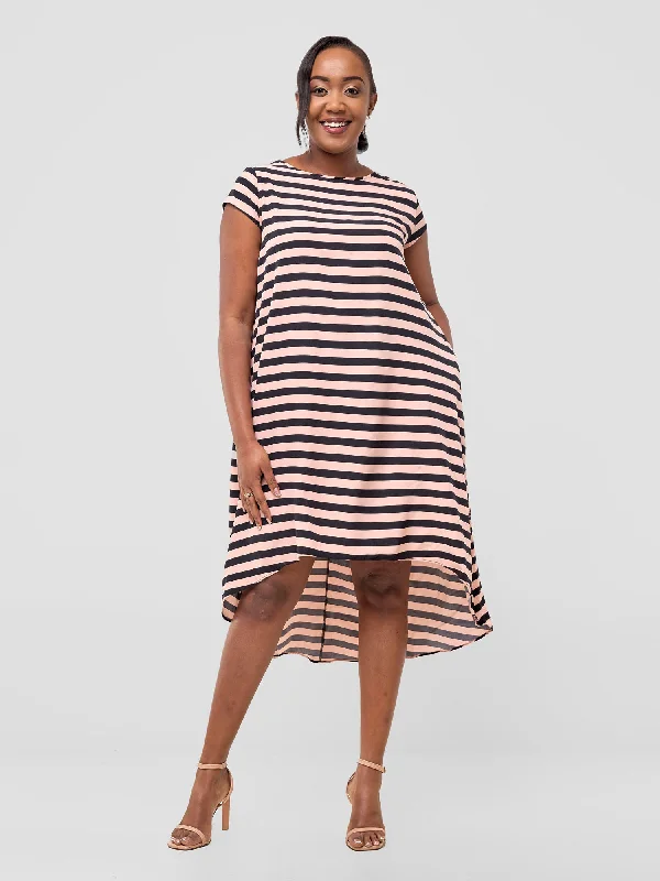 Jema High Low Tent Dress - Peach / Black Print