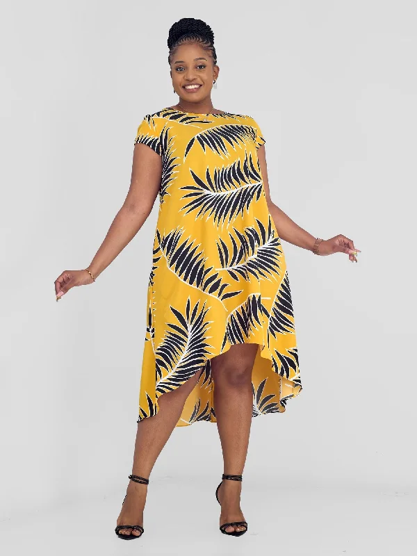 Jema High Low Tent Dress - Yellow/Black Palm Leaves Print