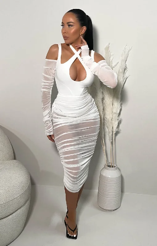 Midi dresses with ruched sleeves for a more fitted and stylish arm lookWhite Long Sleeve Ruched Cross Over Bodysuit Mesh Midi Dress - Kenna Midi dresses with ruched sleeves for a more fitted and stylish arm lookWhite Long Sleeve Ruched Cross Over Bodysuit Mesh Midi Dress - Kenna