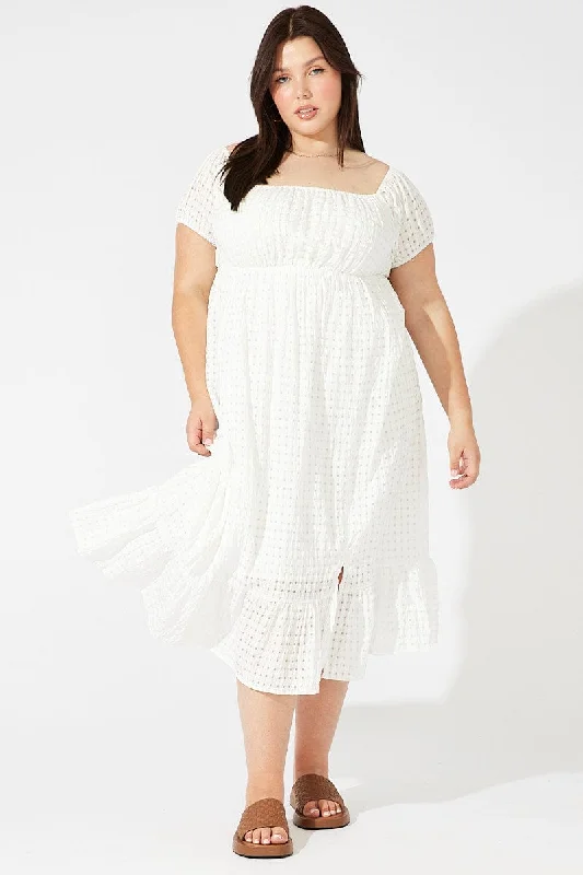 Midi dresses with asymmetric hems for a fashion - forward and dynamic appearanceWhite Midi Dress Off Shoulder Check Split Front Midi dresses with asymmetric hems for a fashion - forward and dynamic appearanceWhite Midi Dress Off Shoulder Check Split Front