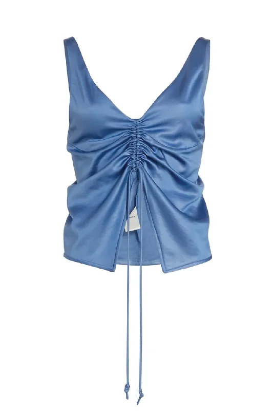 Nanushka Klara Ruched Front Satin Top - Blue