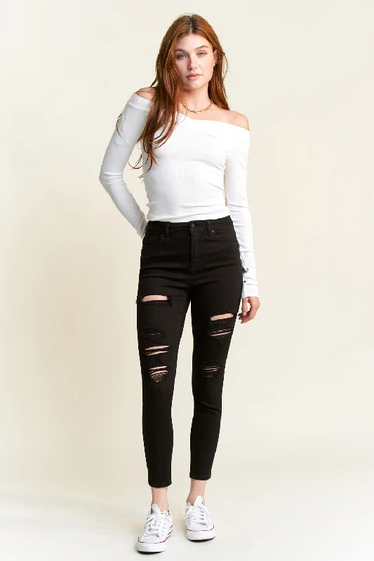 High Rise Destructed Skinny Jeans