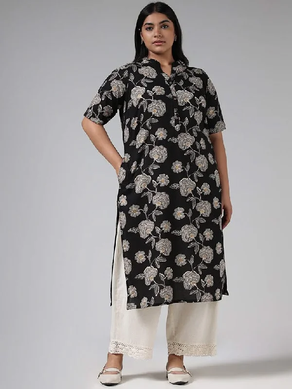 Women's pants with quick - dry fabric Button - fly women jeans with a traditional touch Diza Black Floral Printed Cotton Kurta Women's pants with quick - dry fabric Button - fly women jeans with a traditional touch Diza Black Floral Printed Cotton Kurta