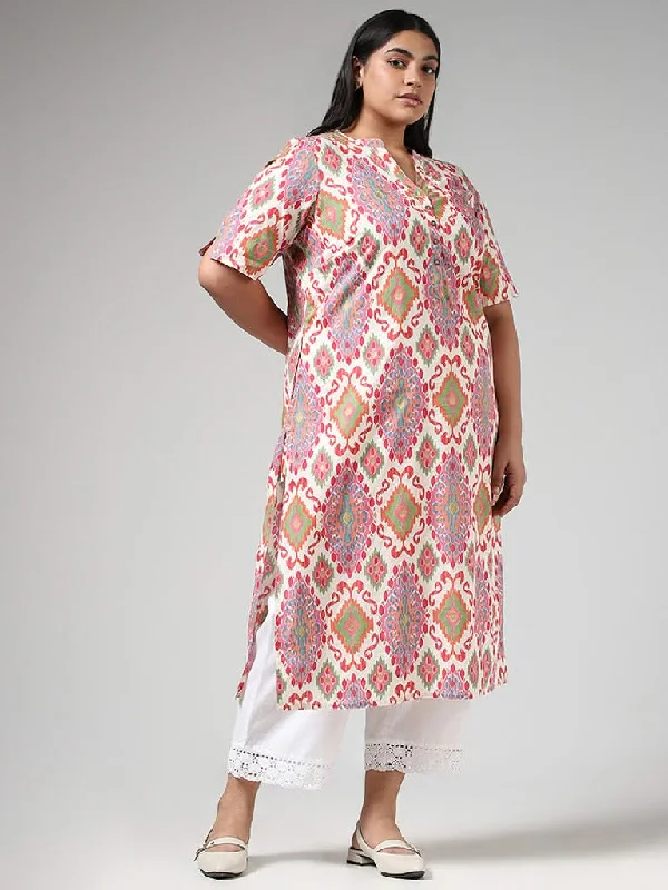Women's recycled - material workout pants Wide - leg women jeans for a modern and relaxed vibe Diza Off White Diamond Ikat Printed Cotton Kurta