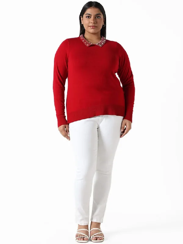 Women's button - fly jeans pants Wide - leg women jeans for a modern and relaxed vibe Gia Pearl Neck Detail Red Sweater Women's button - fly jeans pants Wide - leg women jeans for a modern and relaxed vibe Gia Pearl Neck Detail Red Sweater