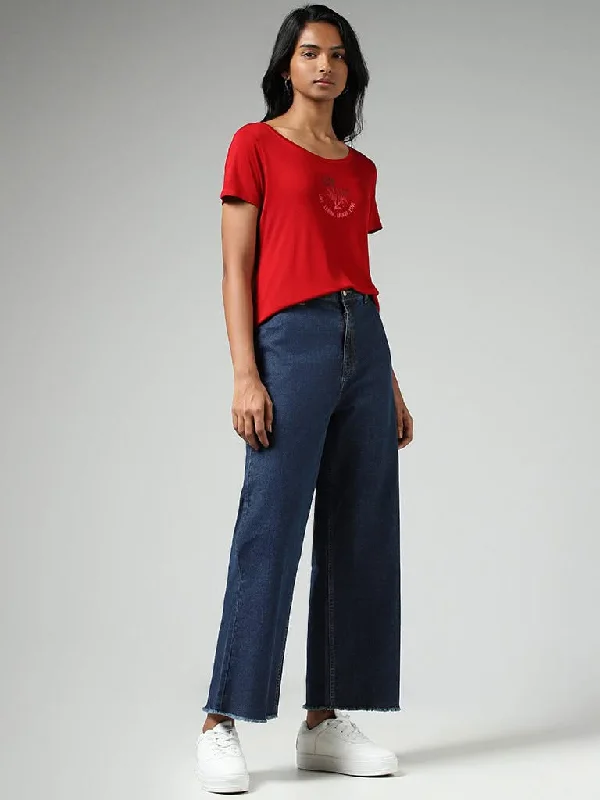 Women's two - piece pant set Ripped women jeans for a rebellious and fashion - forward style LOV Dark Blue Wide Leg - Fit High - Rise Jeans Women's two - piece pant set Ripped women jeans for a rebellious and fashion - forward style LOV Dark Blue Wide Leg - Fit High - Rise Jeans
