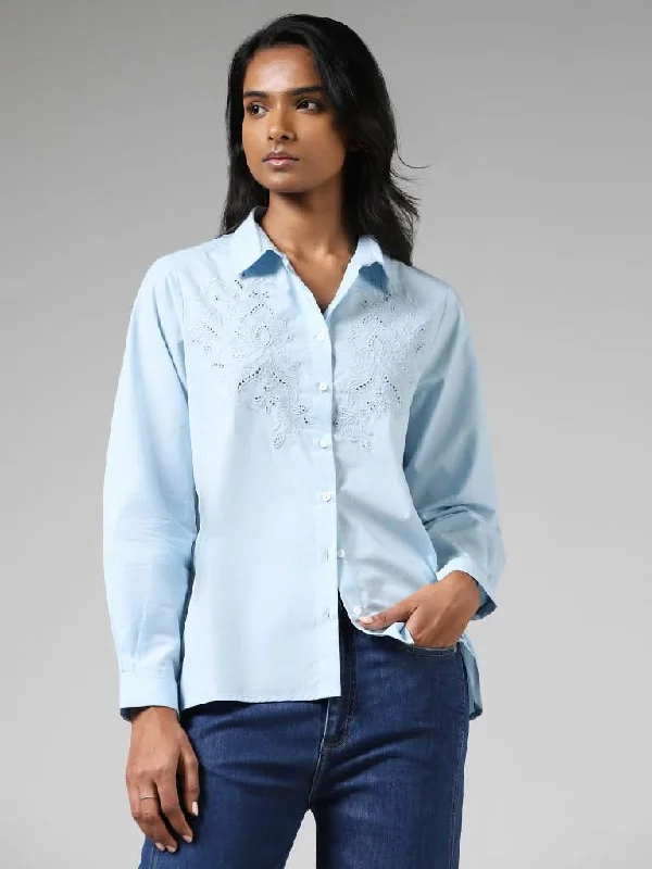 Women's pants with reflective strips Acid - wash women jeans with a retro finish LOV Light Blue Embroidered Shirt Women's pants with reflective strips Acid - wash women jeans with a retro finish LOV Light Blue Embroidered Shirt