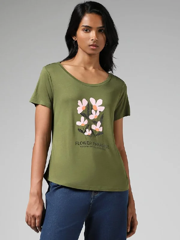 Women's cotton jogger pants Acid - wash women jeans with a retro finish LOV Olive Printed T-Shirt Women's cotton jogger pants Acid - wash women jeans with a retro finish LOV Olive Printed T-Shirt
