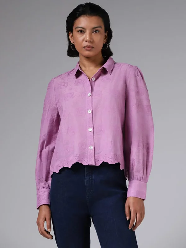 Women's two - piece pant set Ripped women jeans for a rebellious and fashion - forward style LOV Self-Embroidered Lavender Cotton Shirt Women's two - piece pant set Ripped women jeans for a rebellious and fashion - forward style LOV Self-Embroidered Lavender Cotton Shirt