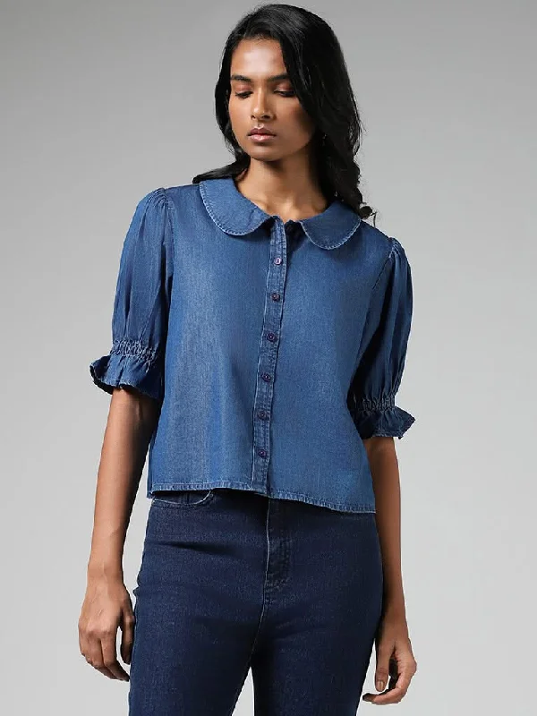 Women's pocket - equipped casual pants Button - fly women jeans with a traditional touch LOV Solid Mid Blue Denim Shirt