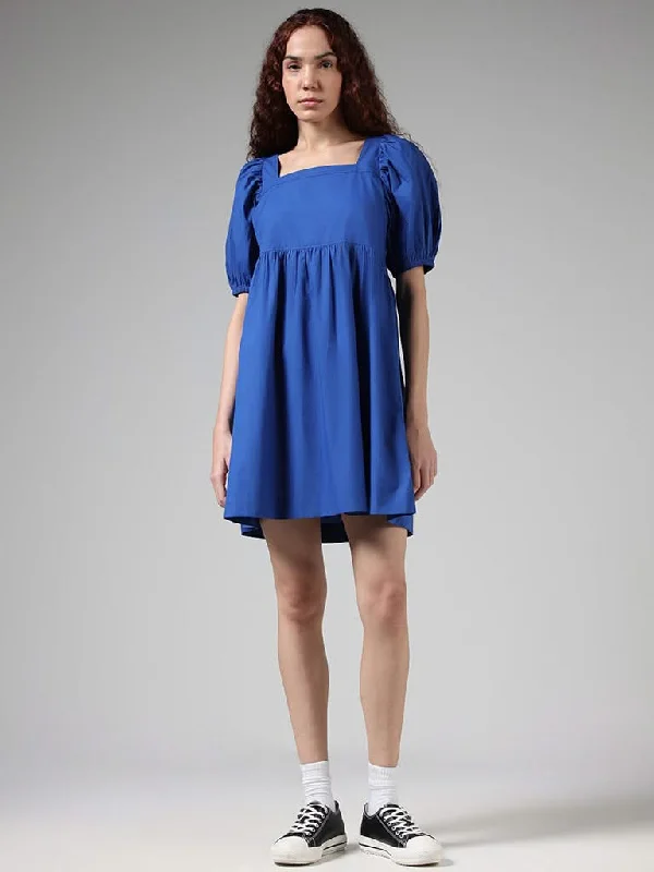Women's button - fly jeans pants Wide - leg women jeans for a modern and relaxed vibe Nuon Solid Blue Cotton Gathered Dress Women's button - fly jeans pants Wide - leg women jeans for a modern and relaxed vibe Nuon Solid Blue Cotton Gathered Dress