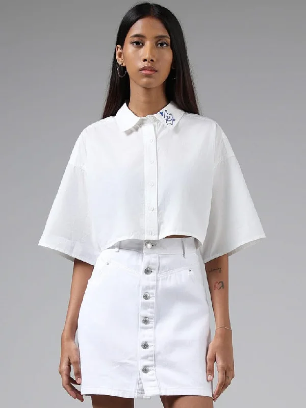 Women's pants with thermal lining Wide - leg women jeans for a modern and relaxed vibe Nuon Solid White Crop Shirt Women's pants with thermal lining Wide - leg women jeans for a modern and relaxed vibe Nuon Solid White Crop Shirt
